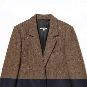 Brown and navy blue herringbone tweed blazer jacket for women in classic vintage style
