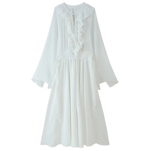 Elegant white long sleeve dress with V-neck lace trim and drawstring waist detail