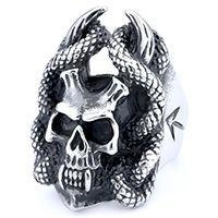Gothic silver stainless steel ring featuring a skull entwined with serpents on white background