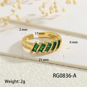 Detail showing 18K gold plated ring with green zircon and 17mm inner diameter specs
