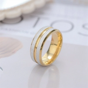 Detailed view of brushed silver surface and polished gold interior of titanium steel ring