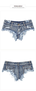 Dettaglio fronte e retro degli shorts in denim a vita bassa con strappi e frange lunghe