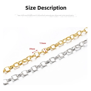 Detailed view of 10x7.5mm oval stainless steel chain links in gold and silver finish