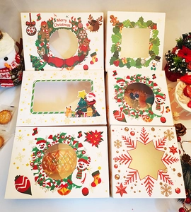 Set of six festive Christmas cupcake boxes with clear windows and holiday patterns
