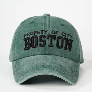 Vintage green washed cotton baseball cap with Boston embroidery and adjustable strap