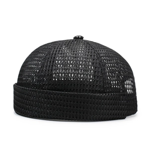 Breathable black mesh docker cap with adjustable strap, minimalist summer skull hat for men