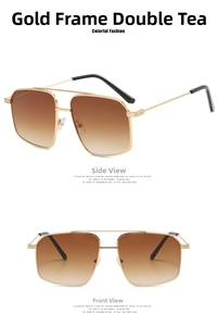 Detail view of gold aviator sunglasses with gradient brown lenses and double bridge frame