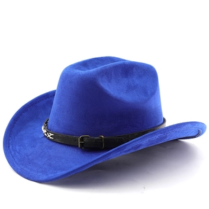 Royal blue faux suede western cowboy hat with black leather belt and vintage metal buckle