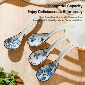 Japanese style ceramic soup spoons set of 4 with blue floral patterns and brown glaze