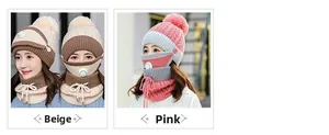 Three-piece winter knit set with pom-pom hat, breathing valve face mask, and neck warmer