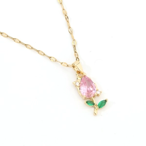 Elegant gold tulip necklace with pink pear-cut zircon flower and green leaf gemstones
