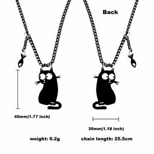 Gothic black cat and fish pendant necklace for Halloween, front and back view details