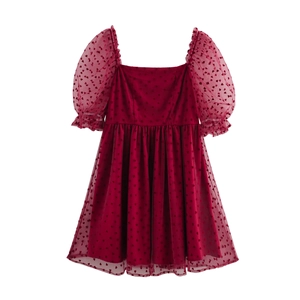 Robe En Maille À Motif Cœur Douce Femmes Col Carré Manches Bouffantes Taille Haute Robe Princesse Mini Évasée