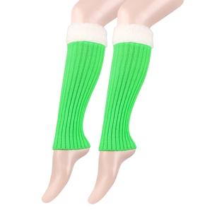 Detail of green knitted leg warmers with white faux fur trim on a model leg