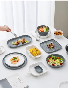 French style ceramic dinnerware set with modern grey and white hammered texture detail