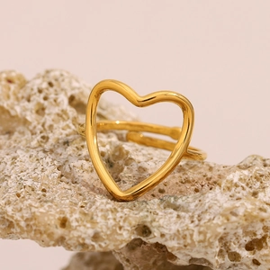 Hollow Heart Open Ring 18K Gold Plated Stainless Steel Minimalist Adjustable Band Fashion Jewelry Gift For Women