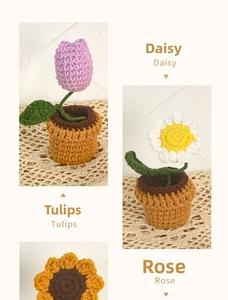 Detailed view of handmade crochet potted flowers including tulip, daisy, and sunflower