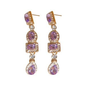 Luxurious gold-plated drop earrings with purple geometric crystals and sparkling rhinestones