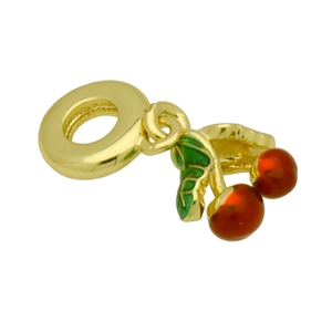 Golden cherry charm with red enamel fruits and green leaves for fashion bracelets