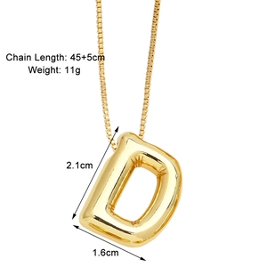 Detailed view of golden balloon style letter D pendant with dimensions and chain length