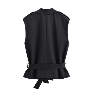 Gilet de blazer noir sans manches pour femme avec col à revers et ceinture au dos