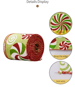 Details von Weihnachtsband mit Glitzer-Minzmuster, Drahtkante und Leinenimitat-Struktur