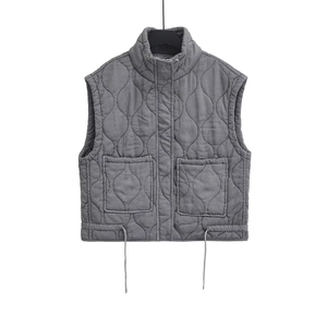 Women's grey quilted vest with stand collar, diamond pattern and drawstring hem details