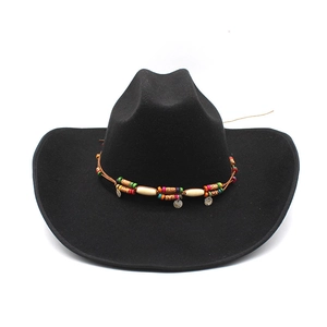 Detail of bohemian beaded hat band with colorful accents on a black wool felt western hat