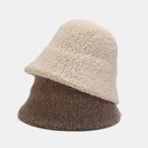 Solid color wool blend bucket hat set in cream white and coffee brown for autumn winter