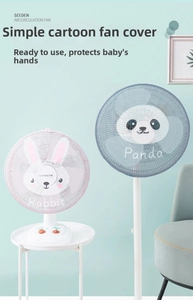 Detail of breathable mesh fan cover featuring pink rabbit and blue panda safety designs