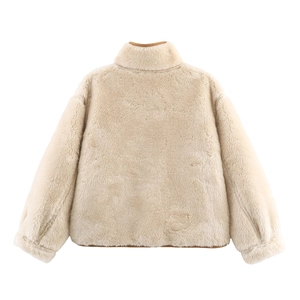 Women's warm cream fleece jacket with stand collar and long sleeves in a back view