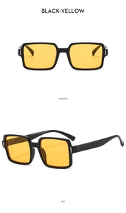 Front and side view of black frame square sunglasses with transparent yellow lenses
