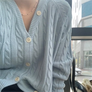 Detail of light blue cable-knit cardigan with white buttons and a deep V-neckline