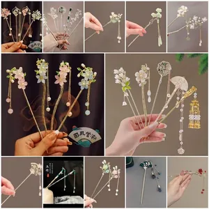 Chinese Style Hair Stick Metal Alloy Artificial Pearl Flower Long Tassel Chignon Hairpin Ancient Style Hanfu Accessory For Women