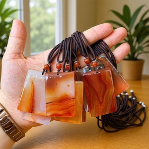 Natural Agate Rectangular Pendant Necklace Chalcedony Peace Tablet Jewelry With Braided Cord Bead Chain For Men Women