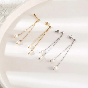 Elegant long tassel pearl earrings in gold and silver stainless steel minimalist design