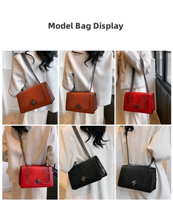Fashionable chain shoulder bag featuring snakeskin texture displayed by models in various styles