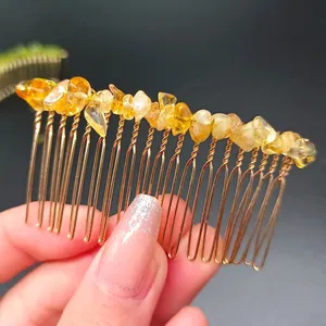 Pettine per capelli dorato fatto a mano con pietre di cristallo giallo stile bohémien
