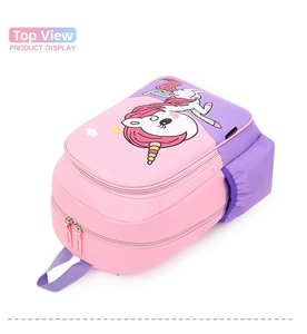 Top view of pink and purple unicorn backpack showing durable double zippers and top handle