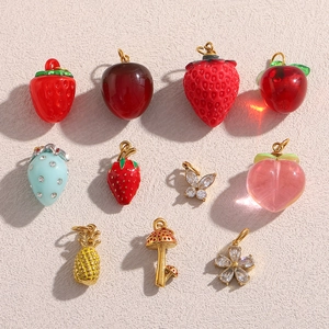 Pendentifs Fruits Champignons Papillons Fleurs Acier Inoxydable Plaqué Or 18K Émail Résine Zircon DIY Bijoux Charms
