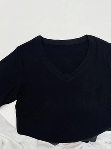Slim fit black V-neck short sleeve T-shirt for women in soft knitted cotton fabric