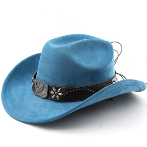 Close-up of cyan blue faux suede cowboy hat with bronze eagle buckle and metal rivets
