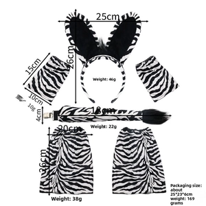 Detailed view of 5-piece zebra print costume set with ears headband tail and tutu