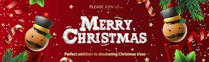 Deep red Christmas banner with Merry Christmas text, gold stars and nutcracker ornaments