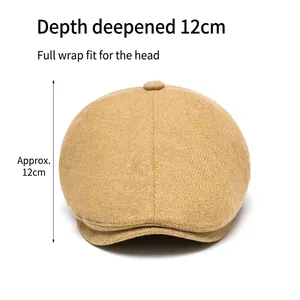 Wool newsboy cap in camel with a deep 12cm crown for better fit and retro style