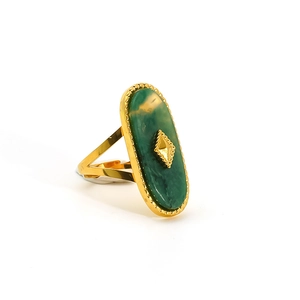 French vintage style adjustable gold titanium steel ring with an oval green gemstone