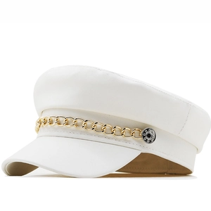 White faux leather newsboy cap for women featuring golden chain and metallic side detail