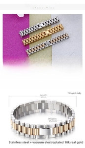 Dettaglio dei bracciali in acciaio inossidabile da 15mm con finiture argento e oro