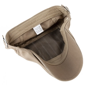 Khaki striped newsboy cap interior view with 100% cotton label and breathable mesh lining
