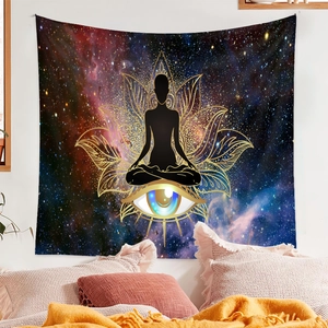 Detailed view of large galaxy tapestry with lotus and meditation figure in a bedroom